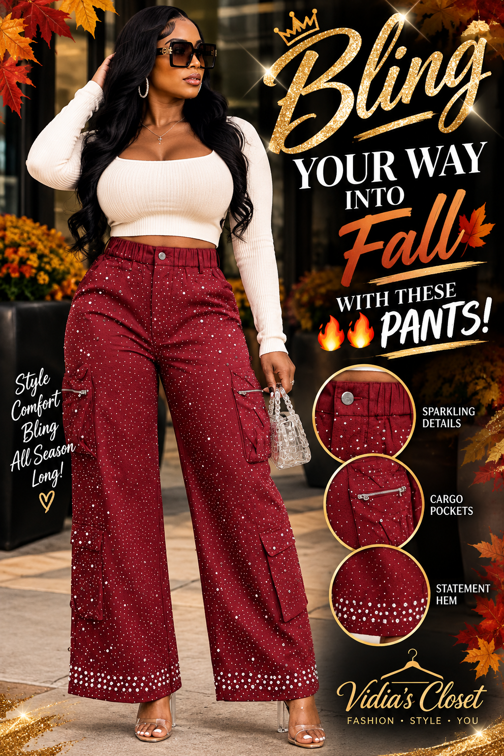 Paige Diamond & Pearls Cargo Pants (Color Burgundy)