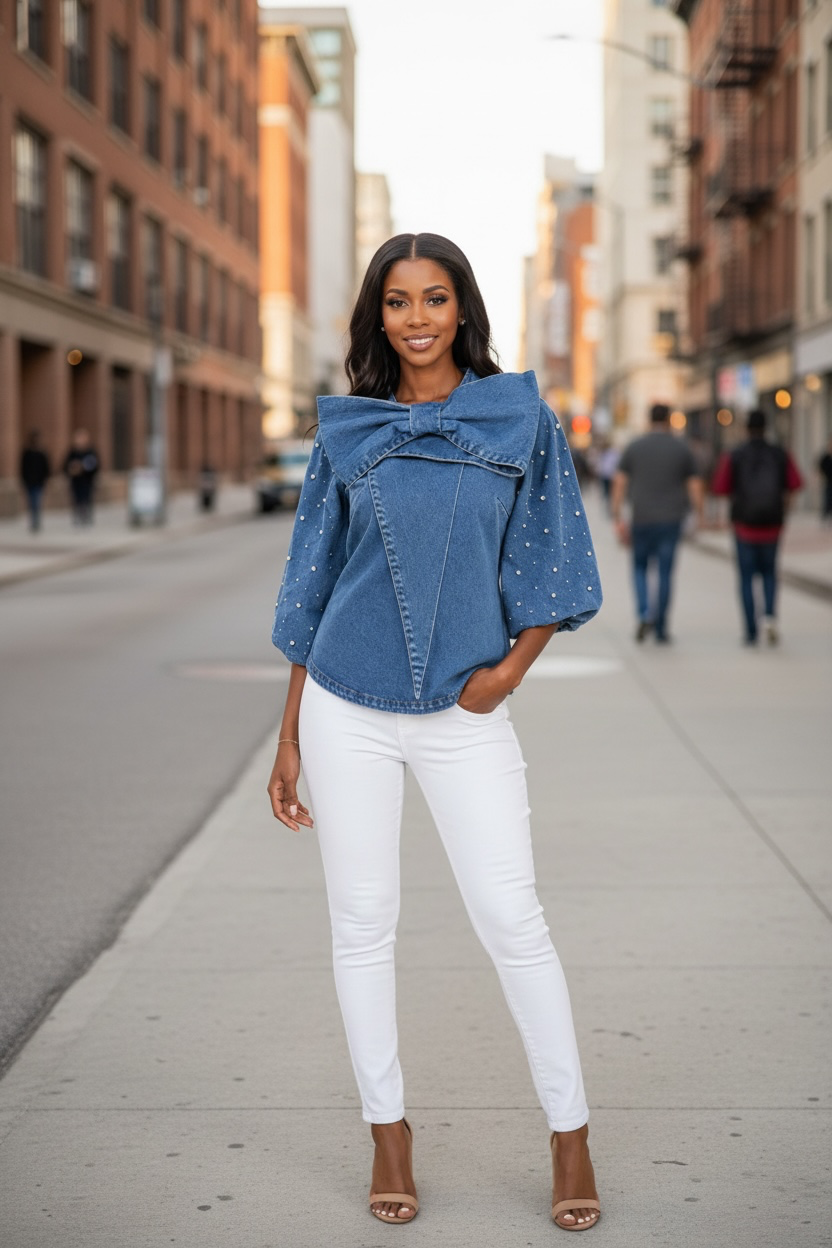 Rhinestone Bow Denim Statement Top