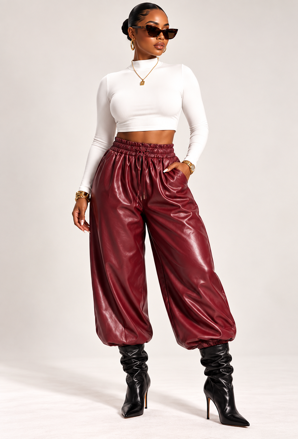 Vid'S Vegan Leather Balloon Pants (Burgundy Color)