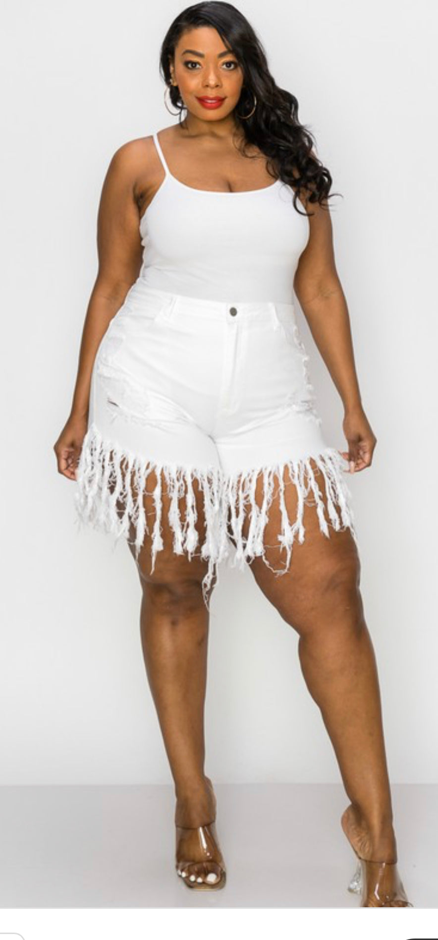 She Got It White Fringe Curvy Girl Shorts