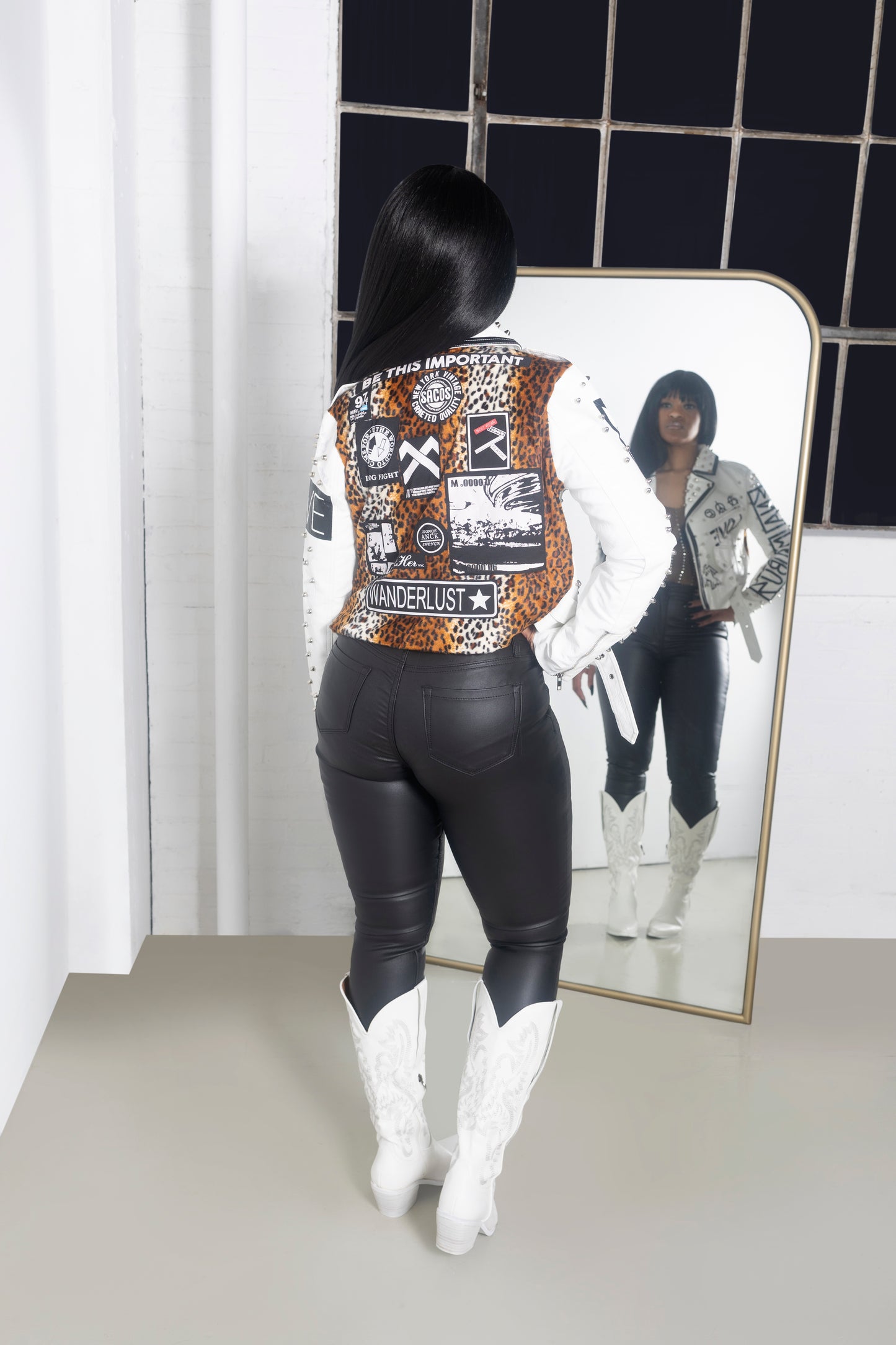Winter Wonderland White Leopard Leather Studded Jacket