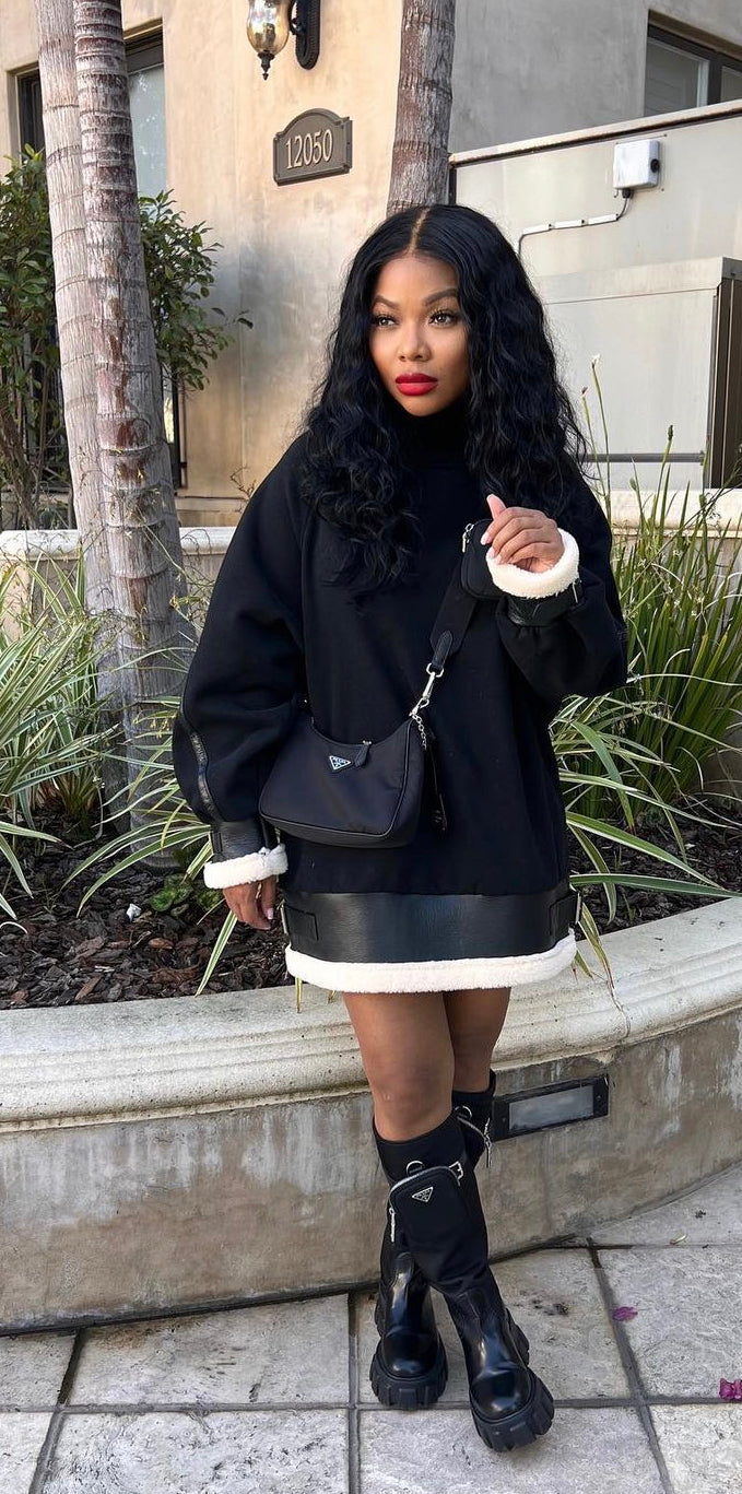 Mock It Up Black Shearling Shirt Dress.