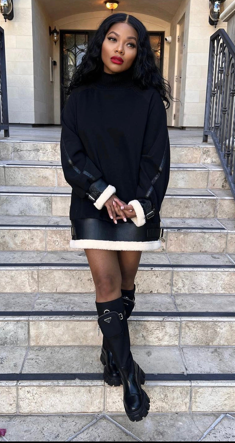 Mock It Up Black Shearling Shirt Dress.