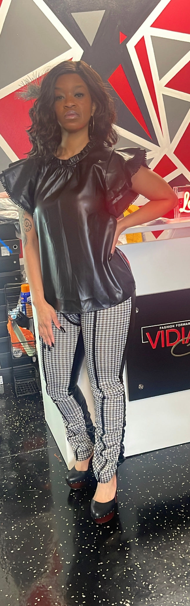 Scrunch PU Black and Tan Plaid Pants