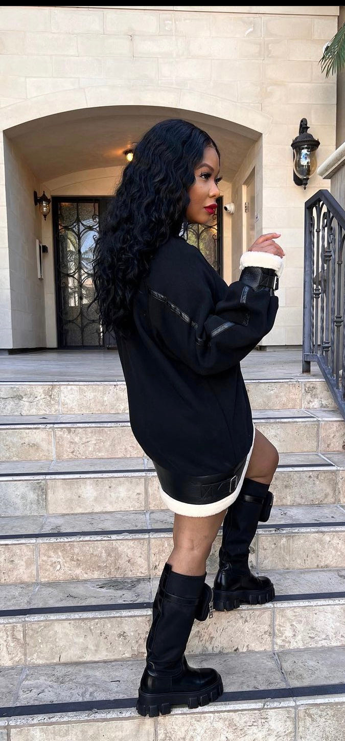 Mock It Up Black Shearling Shirt Dress.