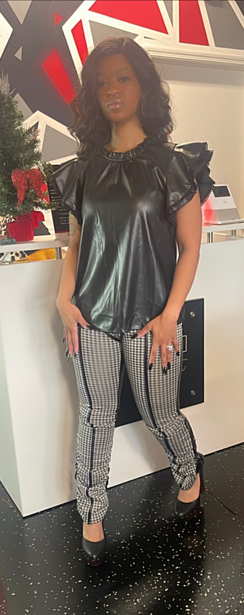 Scrunch PU Black and Tan Plaid Pants