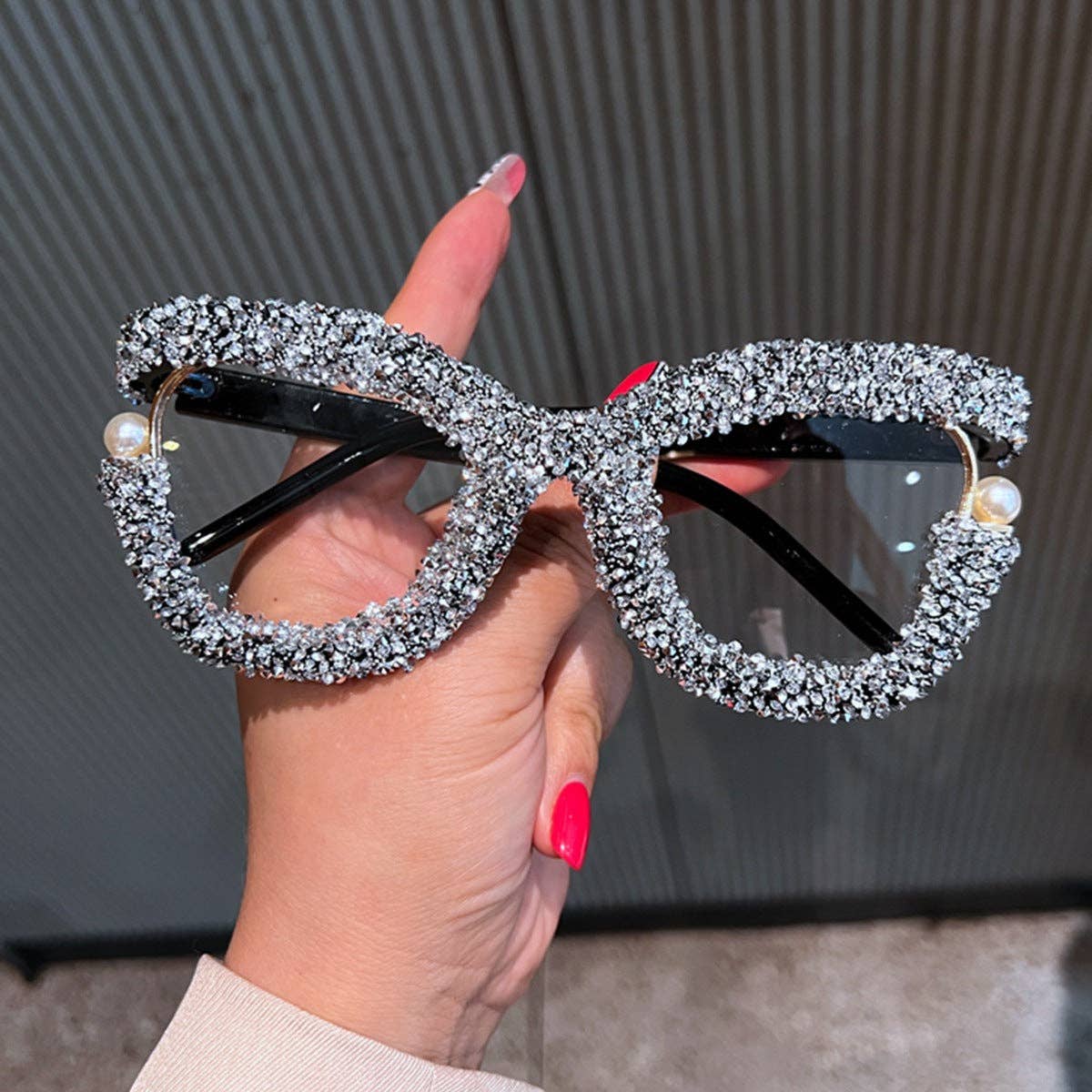 Pastel Colored Large Frame Pearl Rhinestone Decor Glasses