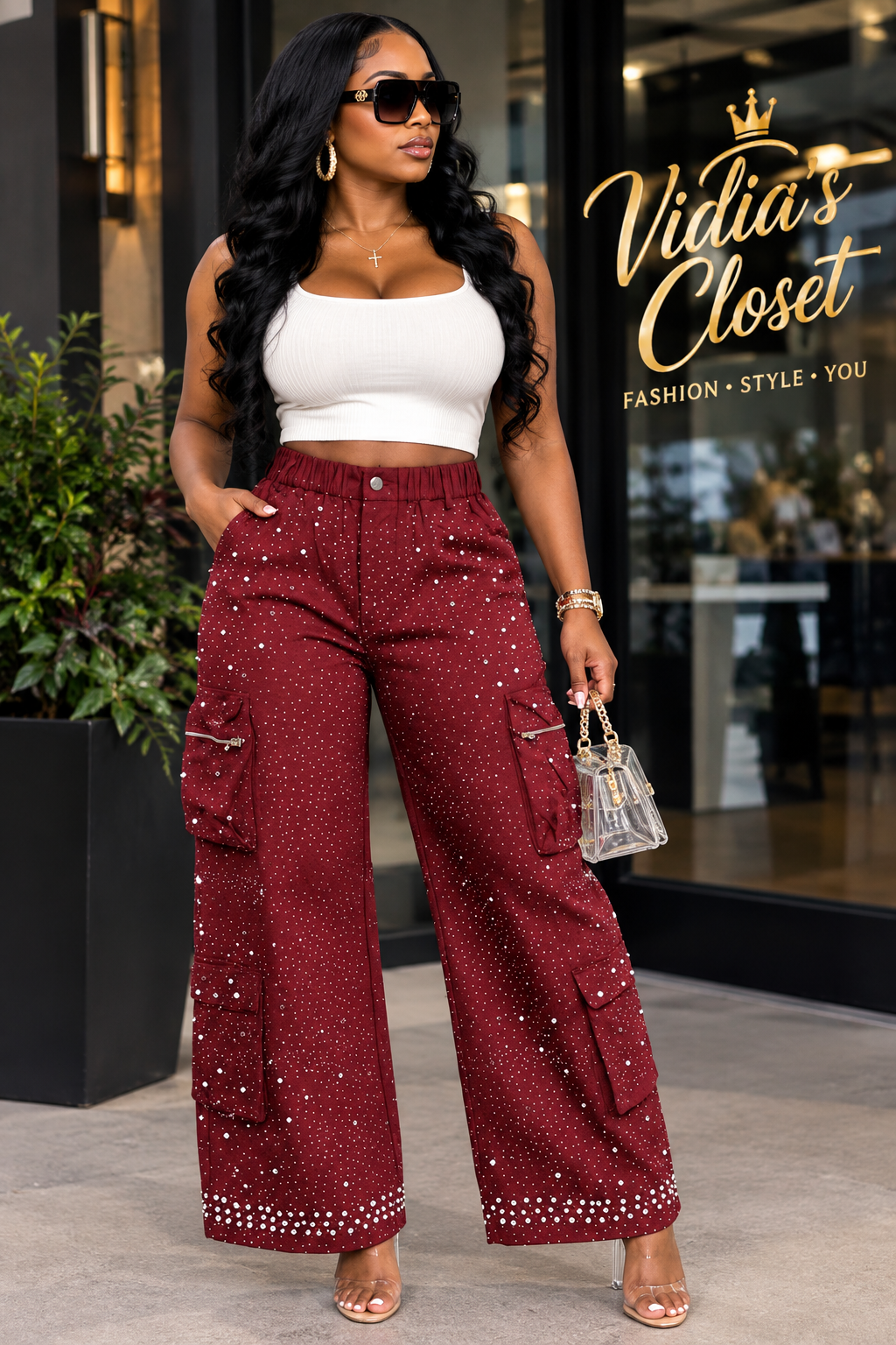 Paige Diamond & Pearls Cargo Pants (Color Burgundy)