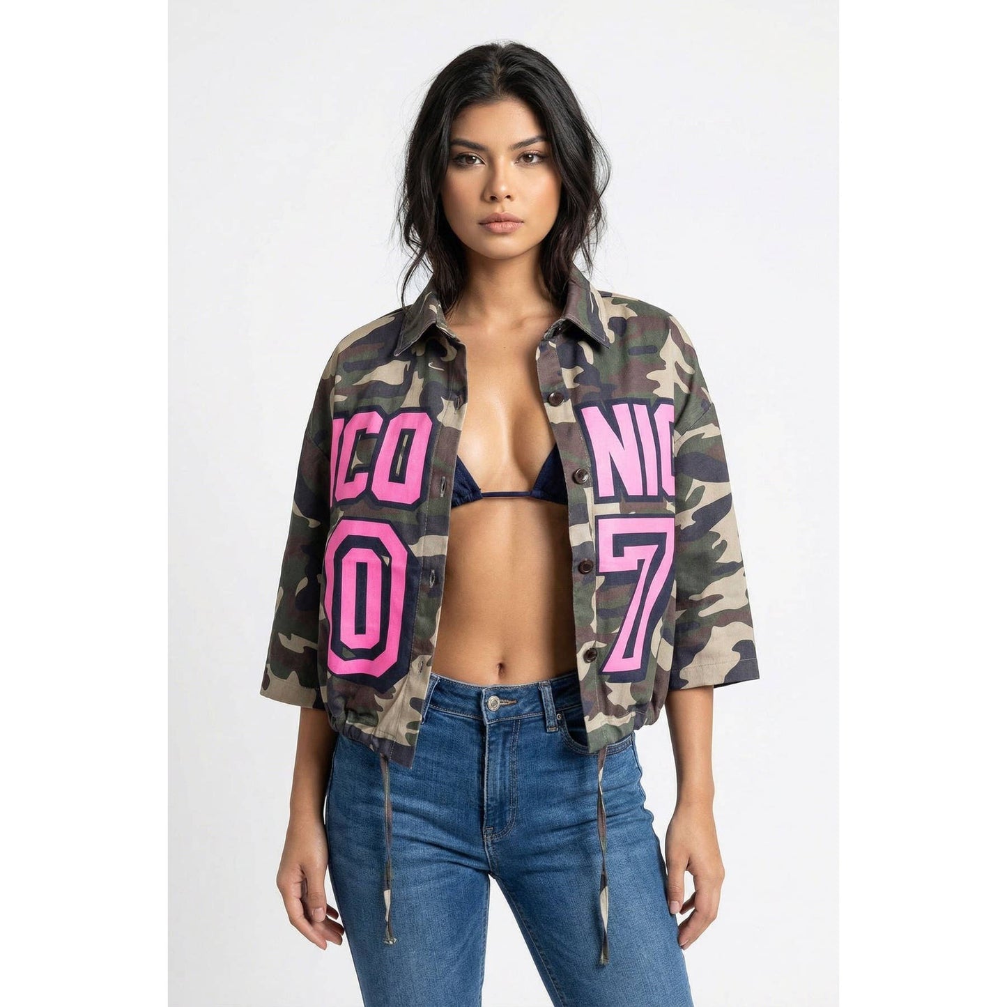 Plus Graphic Collared Front Button Closure Jacket Top