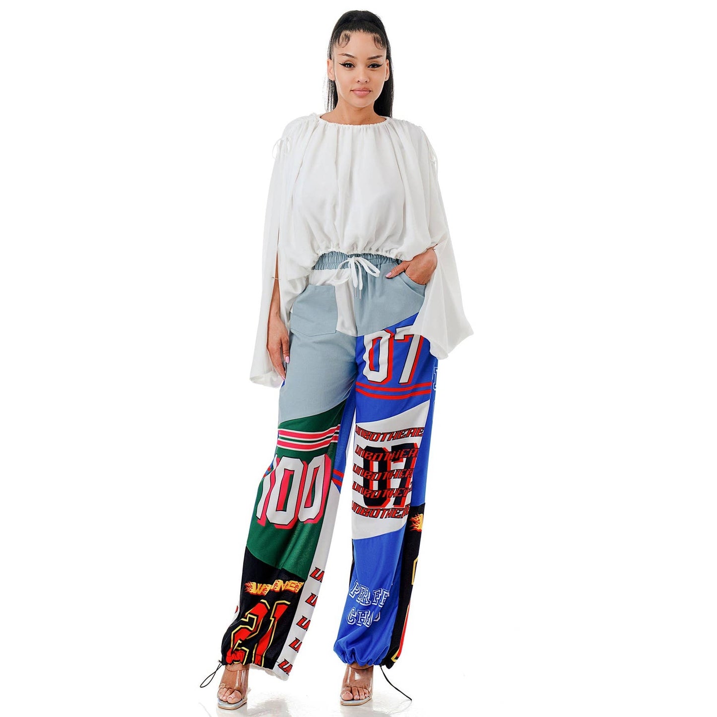 Plus Elastic Drawstring Waist Color-Block Graphic Jogger Pan