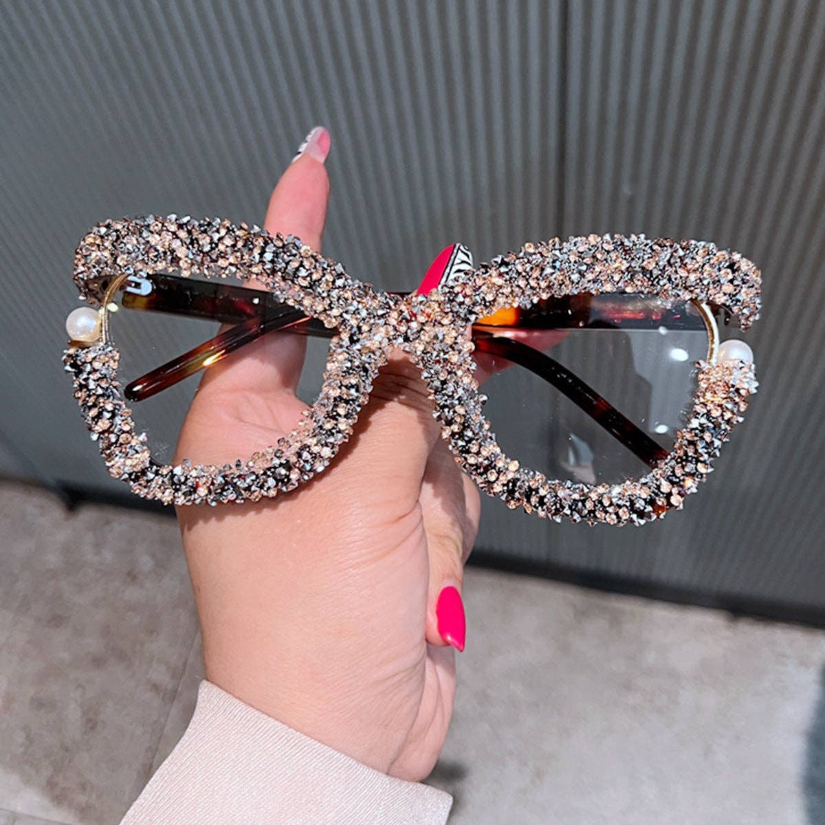 Pastel Colored Large Frame Pearl Rhinestone Decor Glasses