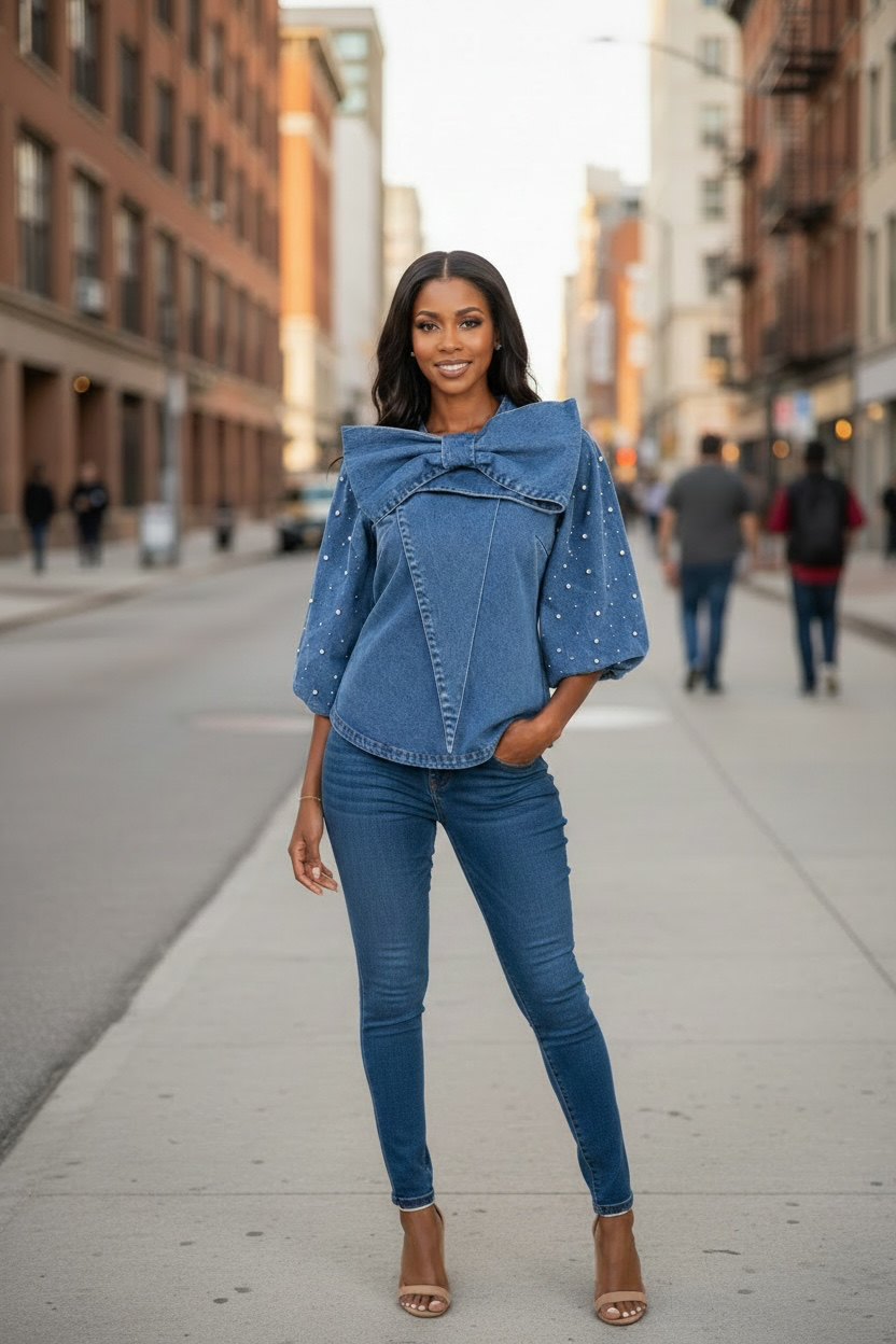 Rhinestone Bow Denim Statement Top