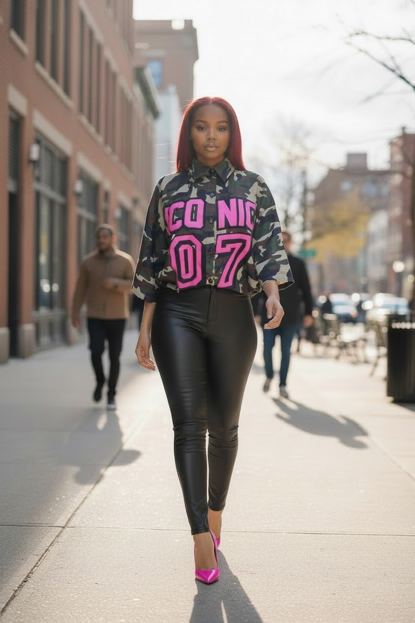 Plus Graphic Collared Front Button Closure Jacket Top