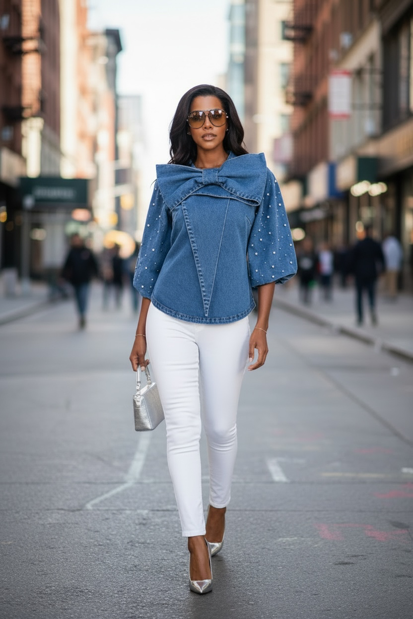 Rhinestone Bow Denim Statement Top