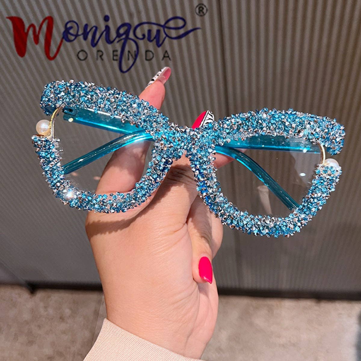 Pastel Colored Large Frame Pearl Rhinestone Decor Glasses