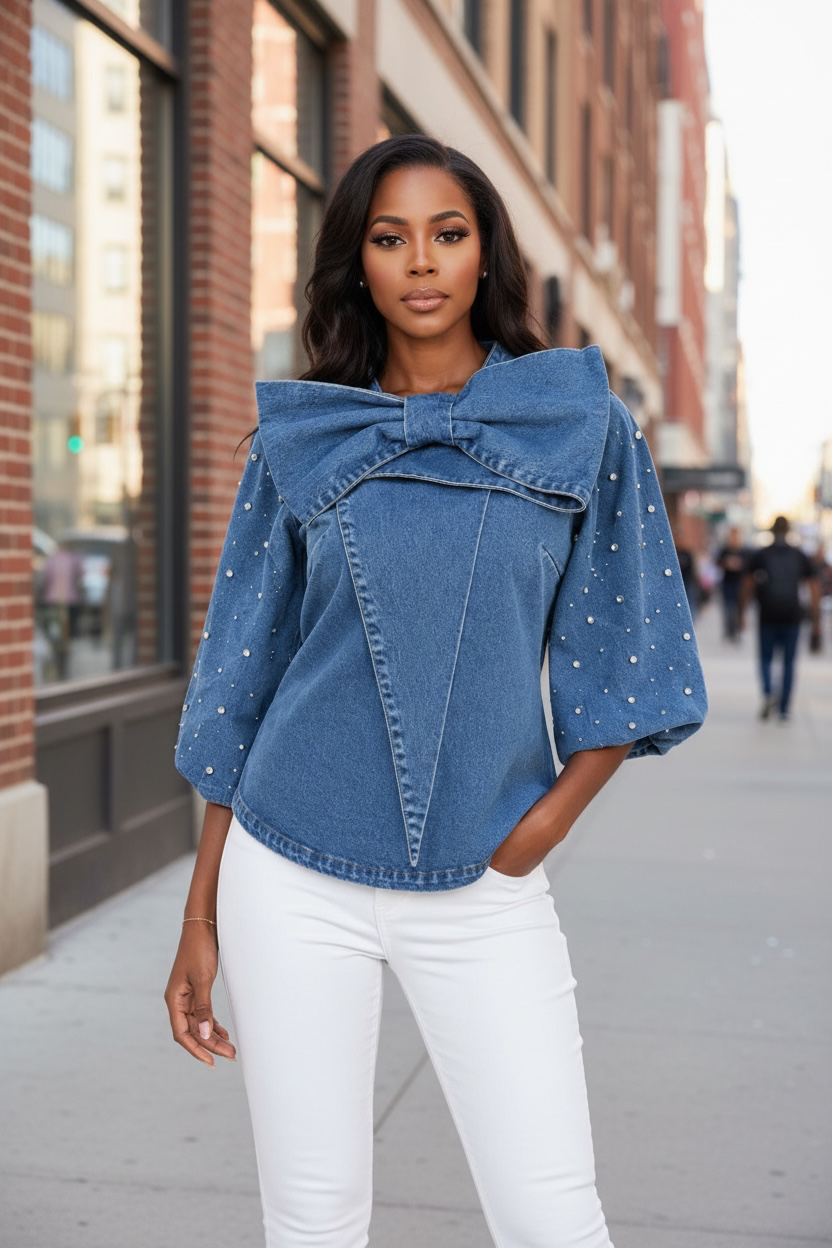 Rhinestone Bow Denim Statement Top