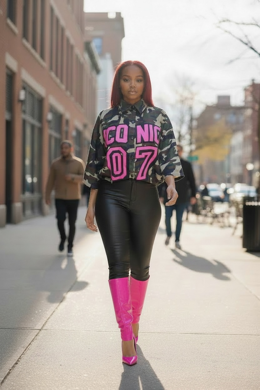 Plus Graphic Collared Front Button Closure Jacket Top