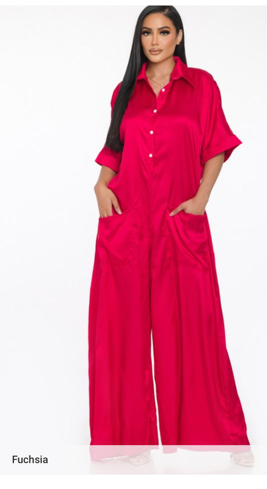 She's Rich Oversized satin Jumpsuit In Fuchsia
