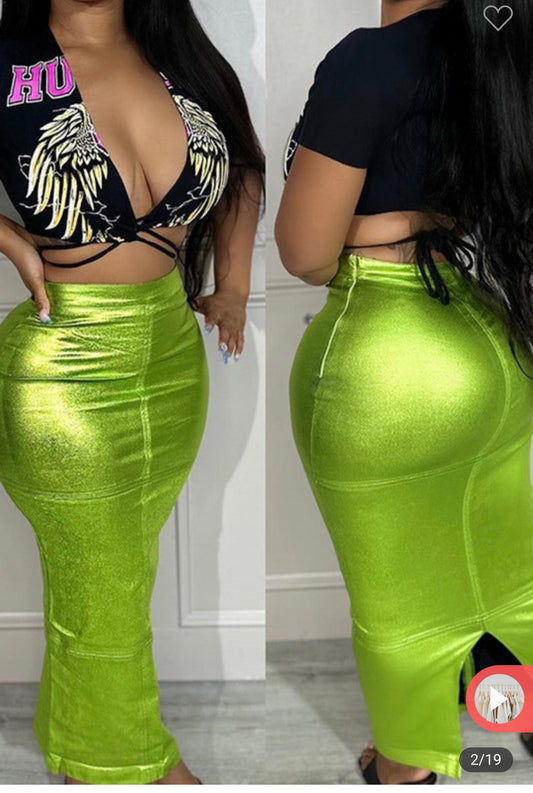 Kim K Faux Leather Skirt In Lime Green (pre-order ships date 3-1)