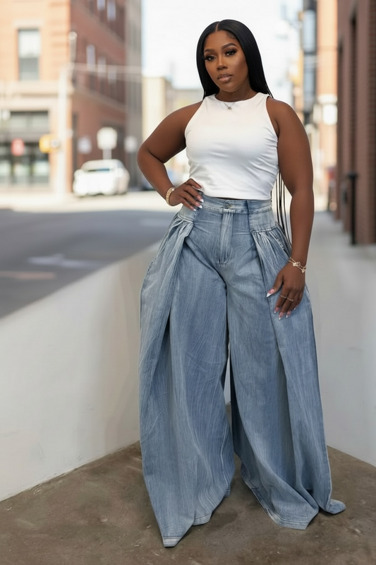Whitney Pleated Wide Leg Denim Pants