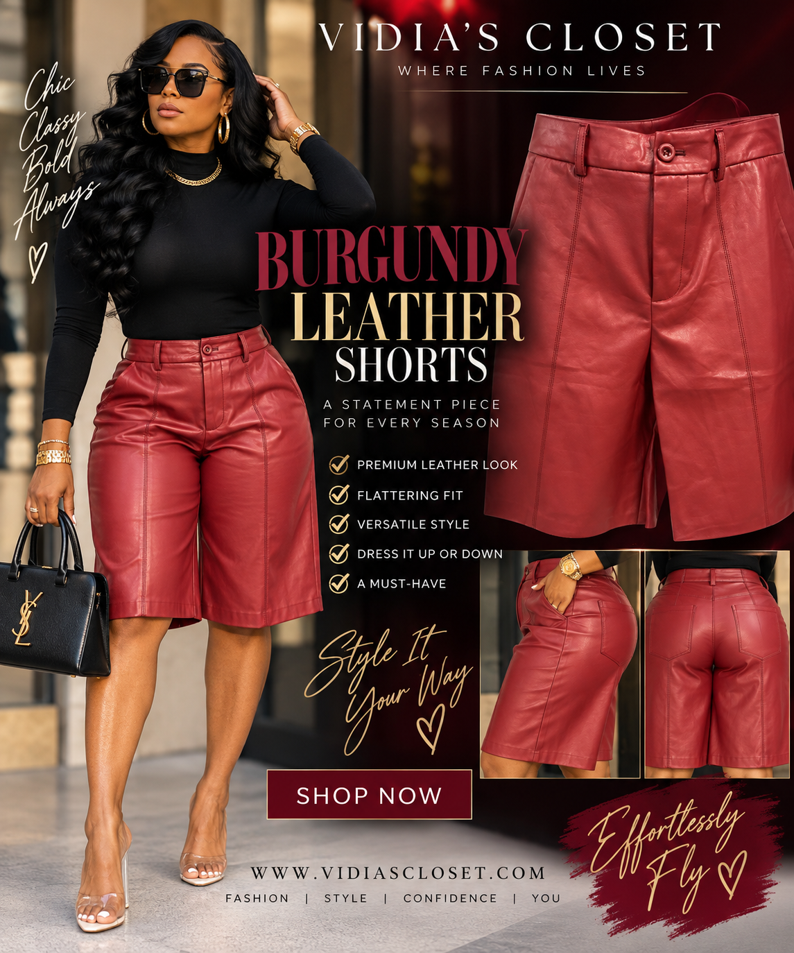 Drew Leather Burgundy Shorts