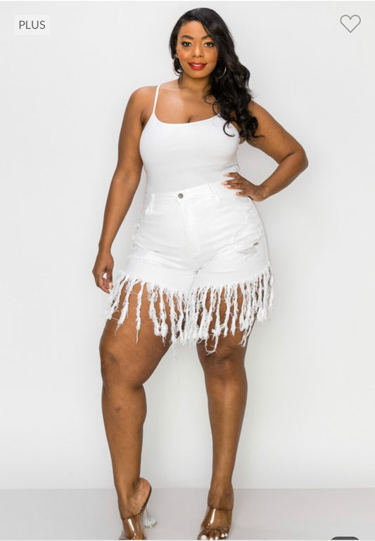 She Got It White Fringe Curvy Girl  Shorts