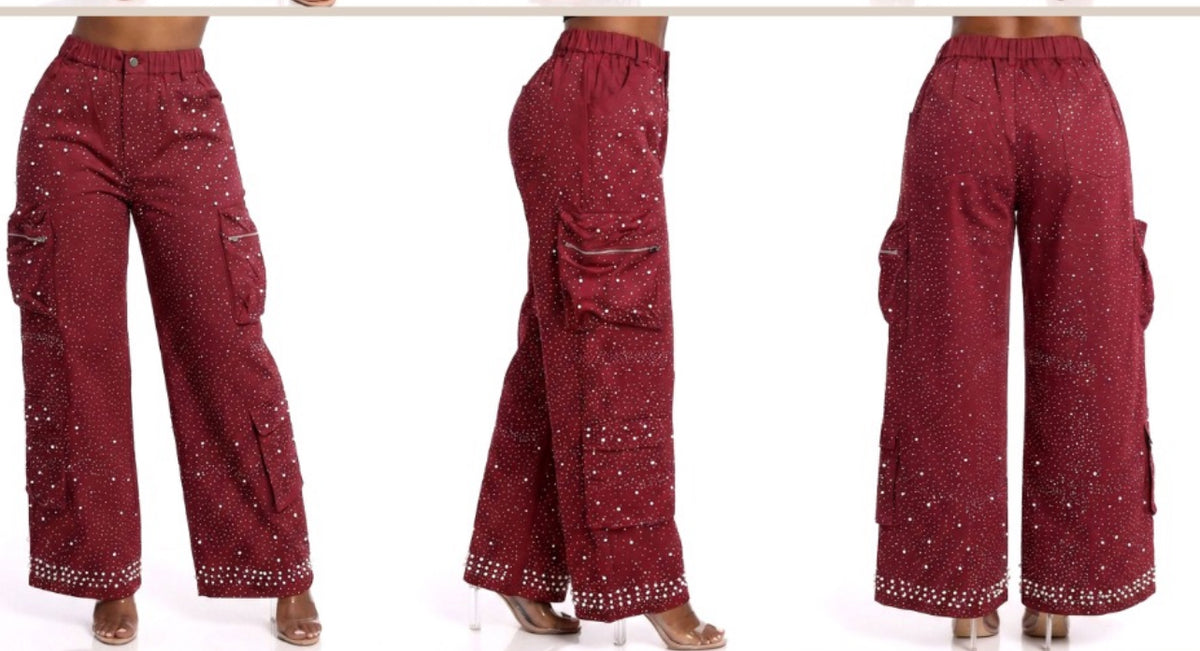 Paige Diamond & Pearls Cargo Pants (Color Burgundy)