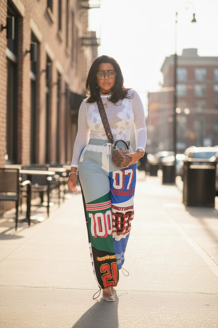 Plus Elastic Drawstring Waist Color-Block Graphic Jogger Pan