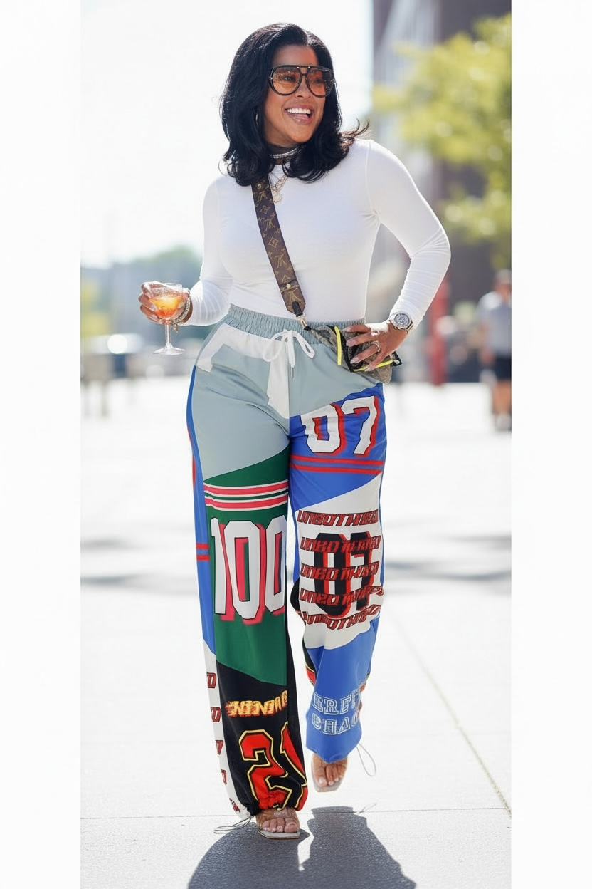 Plus Elastic Drawstring Waist Color-Block Graphic Jogger Pan