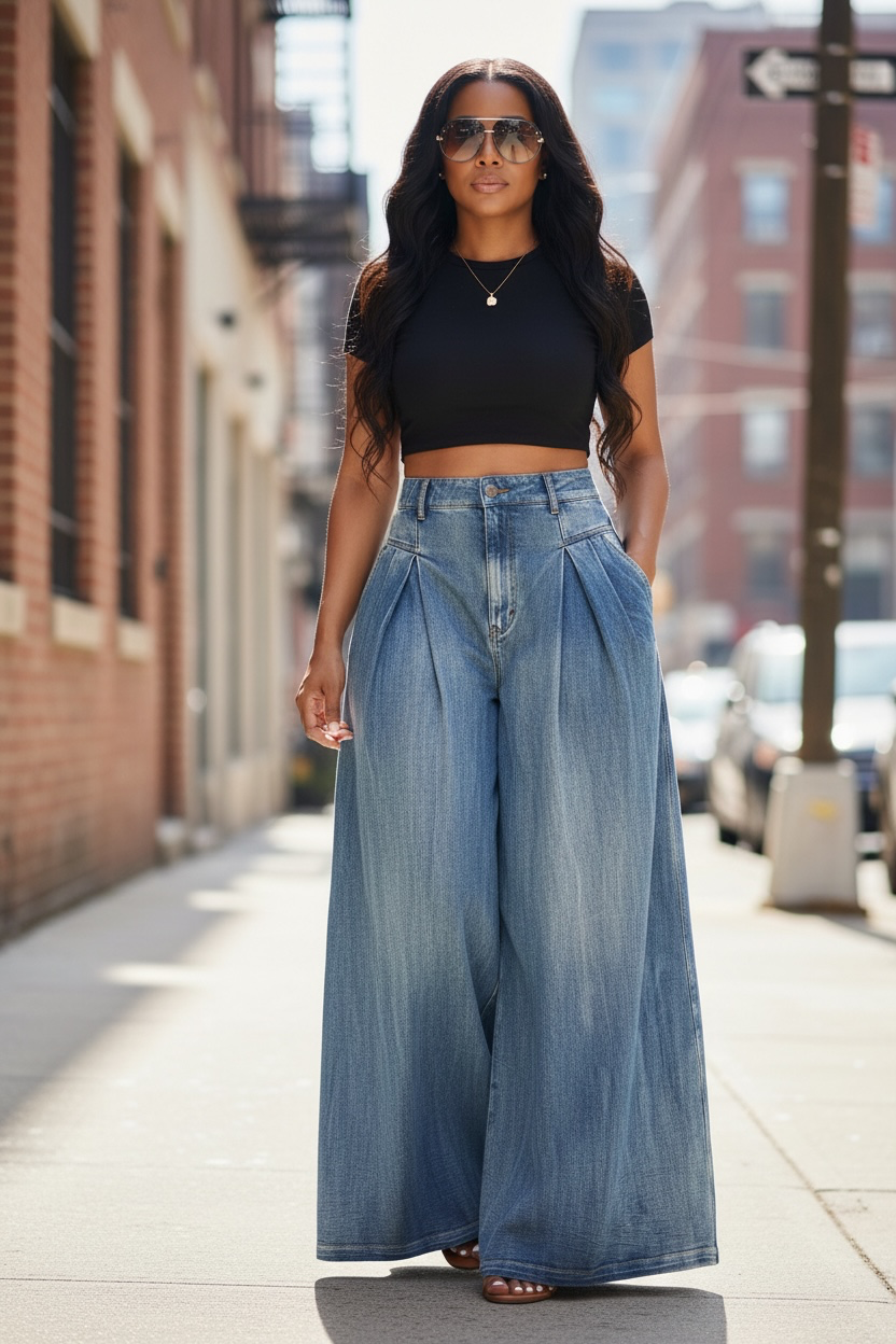 Whitney Pleated Wide Leg Denim Pants