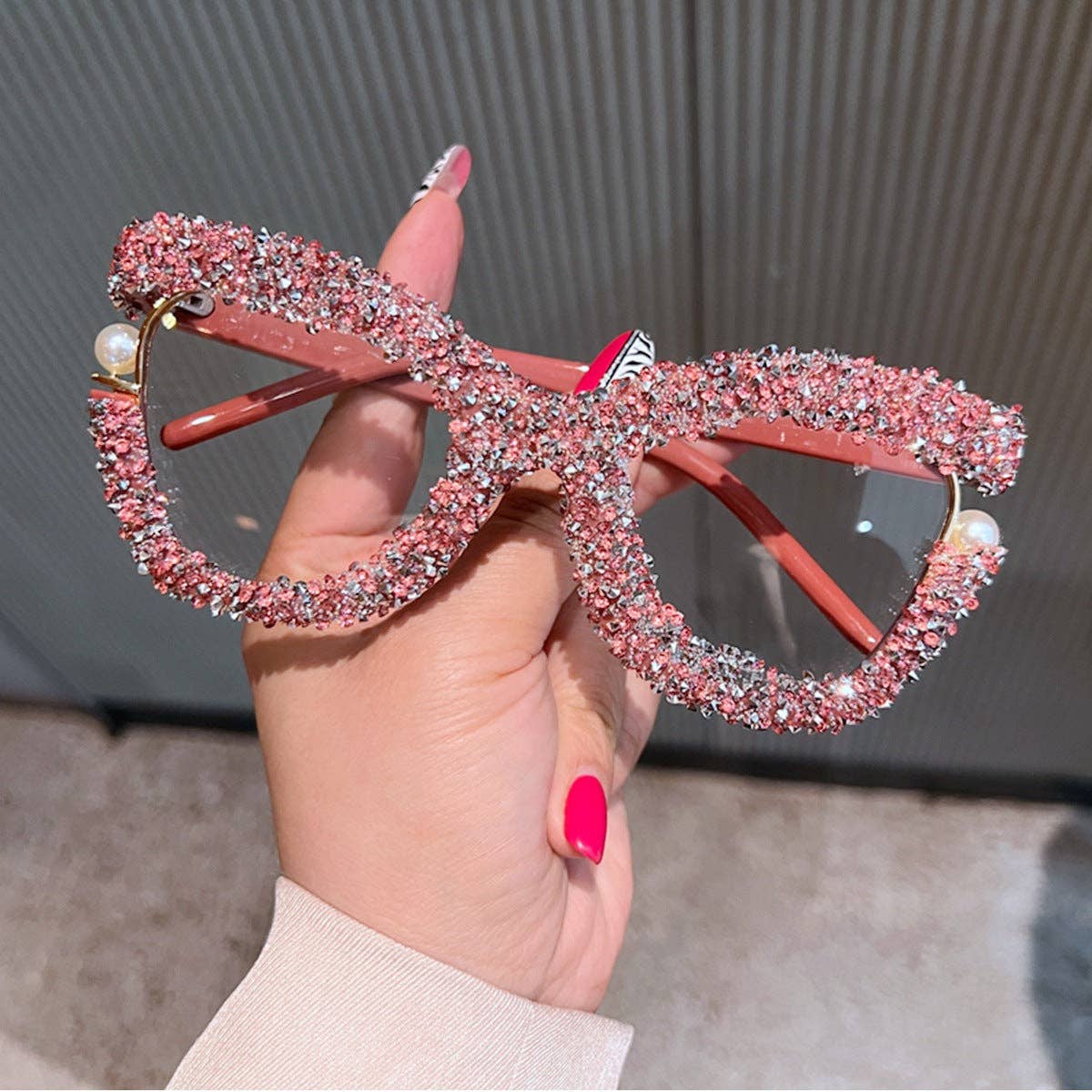 Pastel Colored Large Frame Pearl Rhinestone Decor Glasses