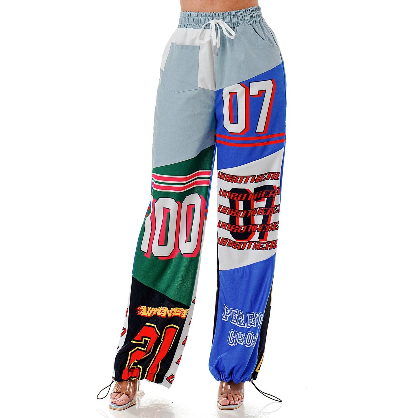 Plus Elastic Drawstring Waist Color-Block Graphic Jogger Pan