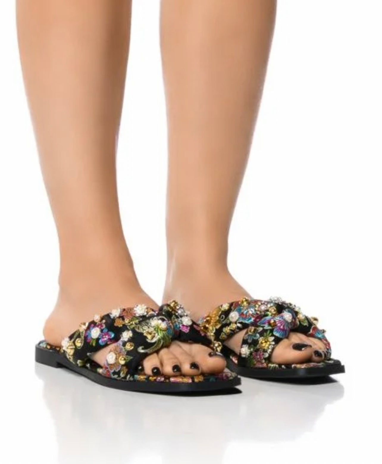 In The Garden Embellished Slides In Black