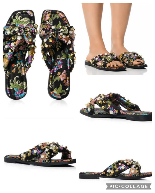 In The Garden Embellished Slides In Black