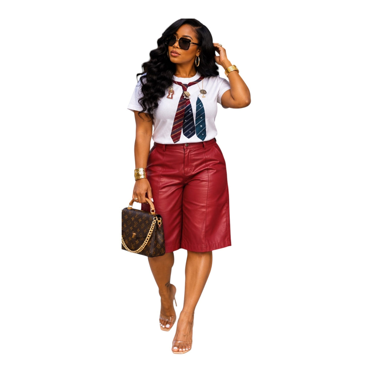 Vidia's Closet white graphic tee featuring a trompe l'oeil necktie and jewel print, worn with red leather shorts.