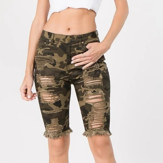 Camo Fly Girl Distressed Bermuda Shorts