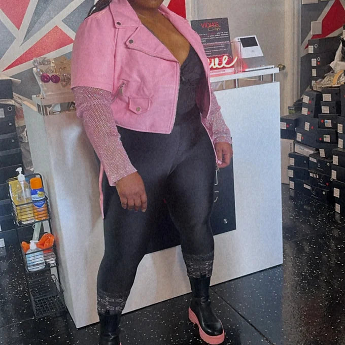 Sequins Vegan Leather Jacket | Pink