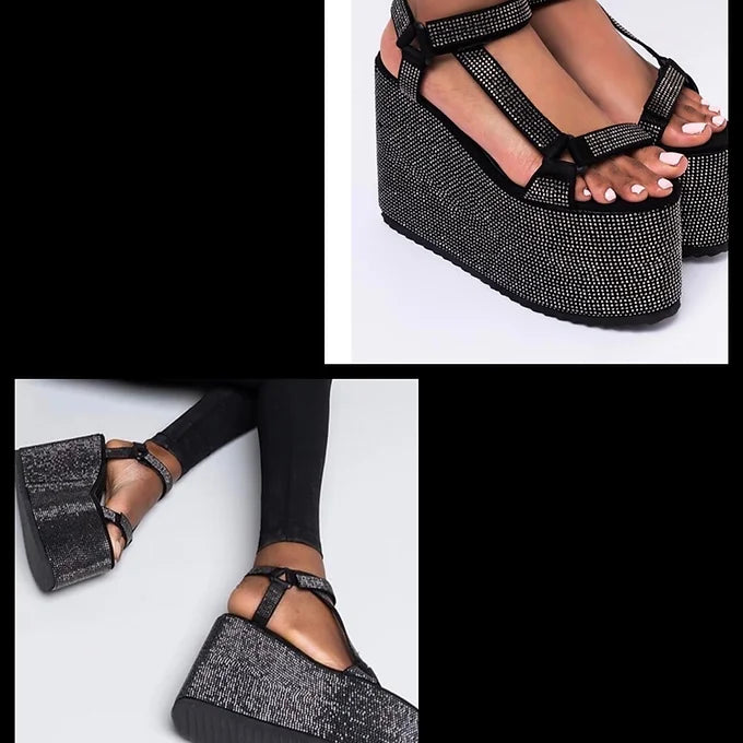 Bling Strap Wedge Sandal | Black
