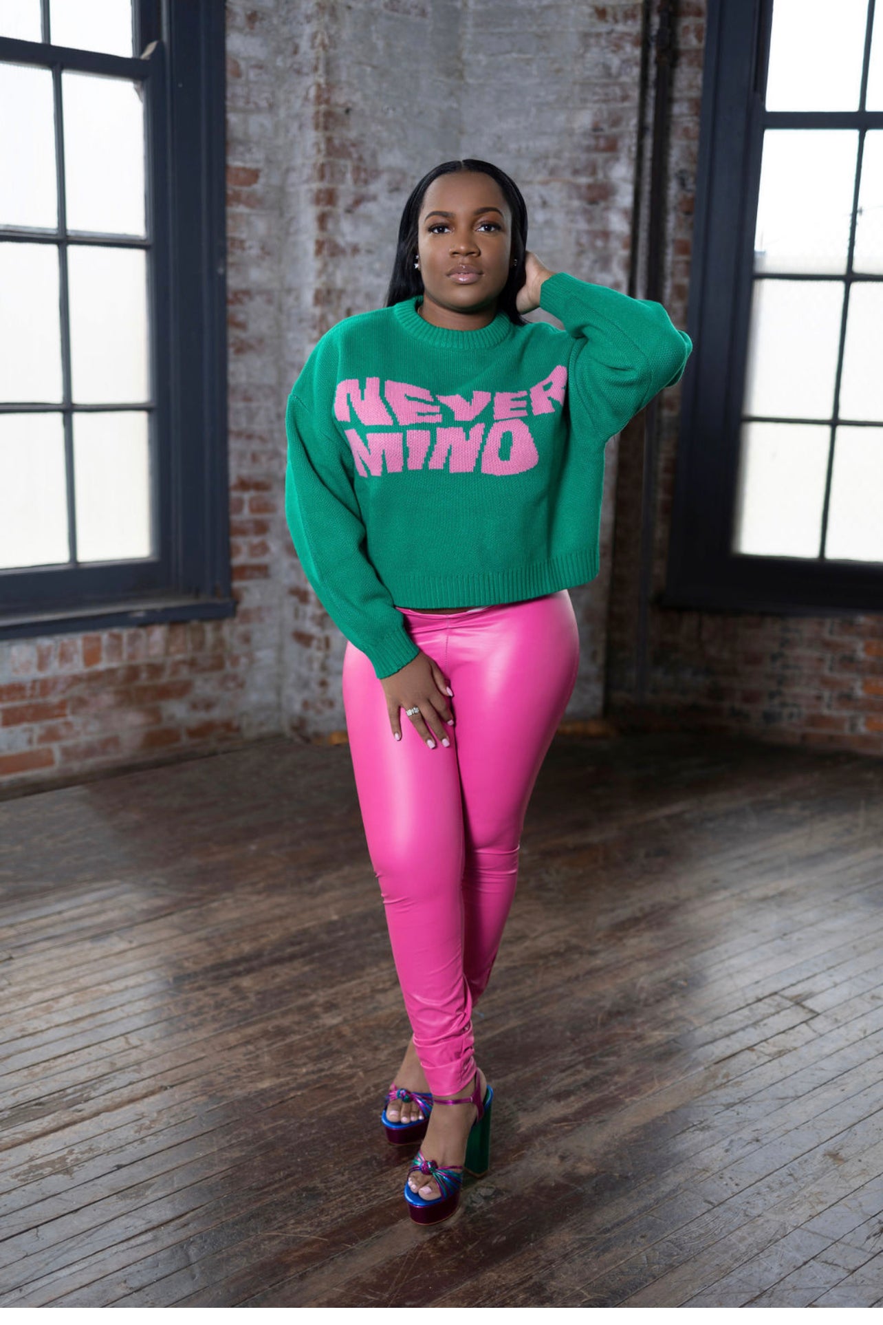 Never Mind Green and Pink Sweater