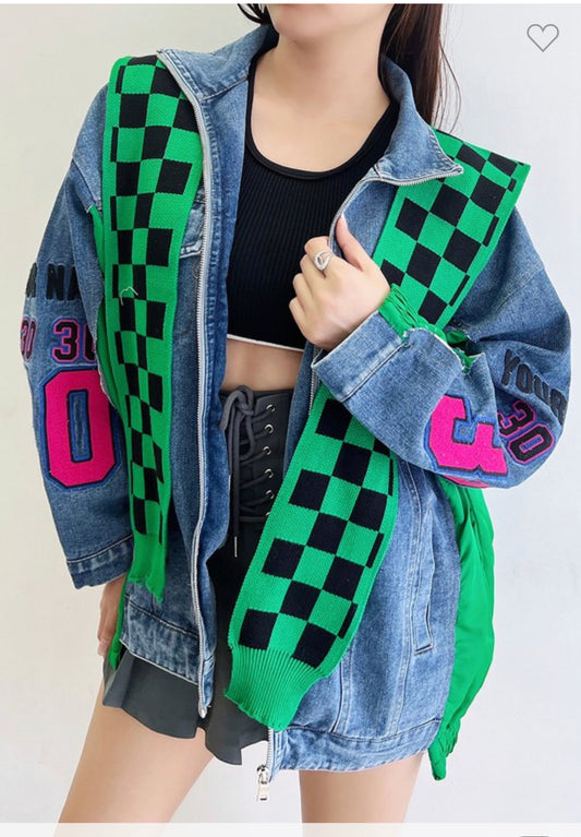 Checkered Pink And Green Fun Girl Denim Jacket